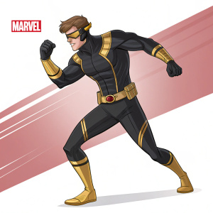 Digital illustration featuring Cyclops from Marvel Comics. The character is depicted in dynamic poses highlighting his sleek black and gold outfit with belt and accents. Set against a minimal background with bold lines and vibrant colors typical of comic book style. The Marvel logo is subtly integrated.