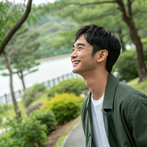Kim Soo Hyun, Korean actor, in a candid shot. Smiling softly. Green outdoor setting