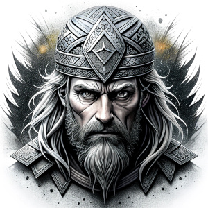 walhalla, viking warrior,  runics face, black work, white backrounds