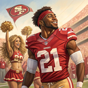 Tarvarius Moore, football player, posing with San Francisco 49ers jersey. Cheerleaders in background.
