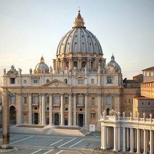 Detailed digital 3D model of St. Peter's Basilica in Vatican City, showcasing intricate architectural designs and grand dome.
