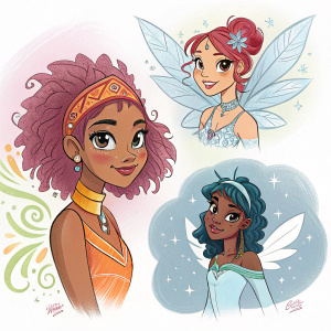 Digital artwork of Aisha from Winx Saga, featuring multiple sketches in varying styles, vibrant colors, and a subtle background.