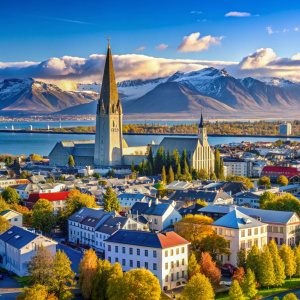 Panorama Reykjaviku: Stolica Islandii z górującą nad miastem katedrą Hallgrímskirkja.