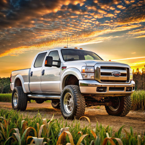 ford f250, king ranch, lifted, pearl white, oversized wheels, very detailed deep dish rims, long arm suspension, cinematic country corn field background