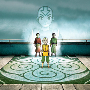Stylized digital artwork featuring Aang in the forefront. Surrounded by distinctively designed characters from Avatar: The Last Airbender. Dark blue and gray backdrop with swirling patterns. Flat graphic design with focus on shapes and colors. Unique cartoonish style.