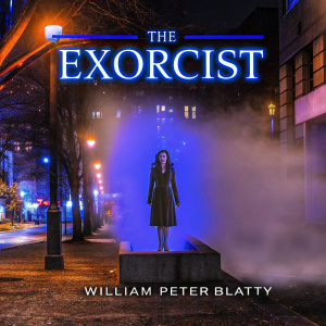 Spine-chilling book cover of 'The Exorcist' by William Peter Blatty. A ghostly woman in a dark dress against a foggy, eerie background.