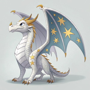 An illustration of a mythical creature from Dragonvale Studio. The Starwing Dragon, with a white body, large head, and long wings adorned with stars, is depicted in various angles. The background is a plain grey, emphasizing the fantastical design.