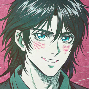Un joven alto, con ojos azules, cabello negro y semilargo, sonrisa tierna y que sea tipo anime 