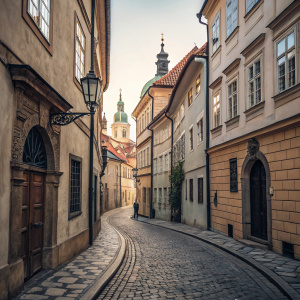 A winding alley in Old Town Prague, Czech Republic. Cobblestone streets, medieval buildings, and narrow passages