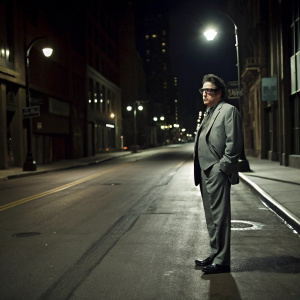 Al Pacino, dressed in a grey suit and glasses, standing alone on an empty city street at night.