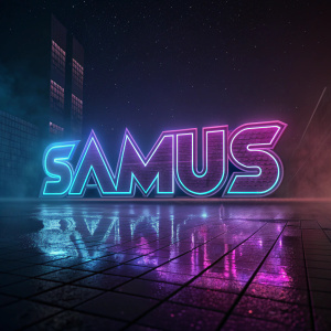 Illustration of 'Samus' logo, a cyberpunk style emblem with reflective surfaces. Dark background with neon accents.