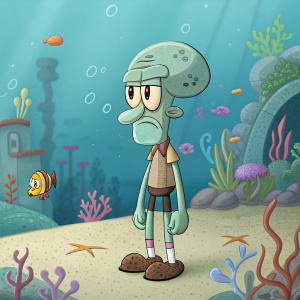 Digital artwork of Squidward, character from SpongeBob SquarePants. Cartoonish style, greenish tone, detailed background of underwater theme park.