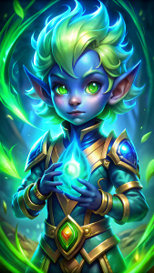 child of singed and soraka blue skin green eyes healty skill