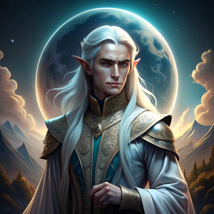 young elf, male, long silver robes, moonlight, wizard, mage, long red hair