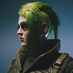 Close-up of a cyberpunk character with neon green hair and cybernetic enhancements. Bold makeup and a dark tech-inspired outfit against a purple gradient background.