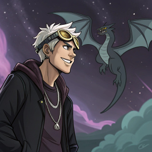 Digital illustration of Guzma, a young adult male, with a mischievous and confident expression. He wears dark clothing and accessories. Background features a mystical dragon flying across a dark, galaxy-like space with dramatic shadows and colors.