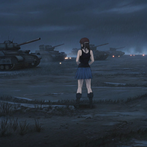 Revy, anime character, dressed in tactical gear. Brown hair, muscular build, standing on a battlefield. Wears black tank top, blue frilled skirt, combat boots. Background: Explosions, tanks, warzone.