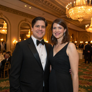 Rich Sommer and Virginia Donohoe attending a gala dinner. Rich Sommer in a black tuxedo, Virginia Donohoe with shoulder-length brown hair, elegant evening gown. The event is held in a grand ballroom with chandeliers.