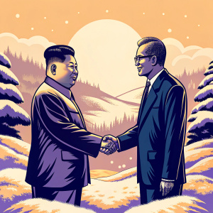 Kim Jong Un and Moon Jae In engaging in a friendly handshake at a diplomatic summit. White snow covered landscape in the background.