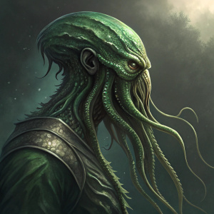 Fantasy illustration of a green, metallic creature with organic textures. Head sculpted, long tentacles flowing down. Dark, muted background