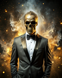 effect, photoshop action, realistic black gold skull with human body in tuxedo, fire, sparks, dust, explosion, smoke, sand, shadows, glow, glow, glare, light, slim, in style: serious, business, wise, quality xd, 