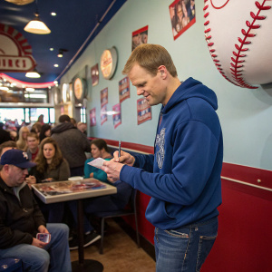 Justin Morneau, wearing a casual blue hoodie and jeans, signing autographs at a baseball-themed cafe. Crowd visible behind him.