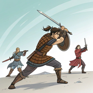 A digital illustration sequence showing characters from a fantasy manga. Warrior figure engaged in combat. Simple, gradient background