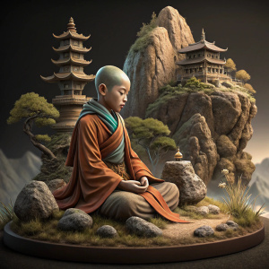 Digital 3D render of Aang from Avatar: The Last Airbender. Fantasy landscape, rock formations, traditional Asian design elements. Dark, neutral background.