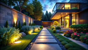 Modern gardening landscaping design details. Illuminated pathway in front of residential house. Landscape garden with ambient lighting system installation highlighting flowers plants