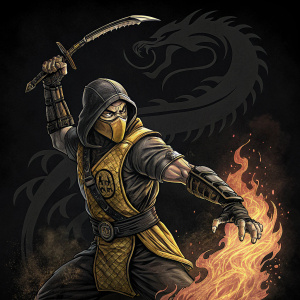 Ink drawing of Scorpion from Mortal Kombat, striking an aggressive pose. Black background