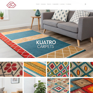 Website screenshot showcasing a variety of carpet designs in vibrant colors and patterns. Grid layout with multiple images of carpets. Clean, modern design. Kuatro Carpets ecommerce site.
