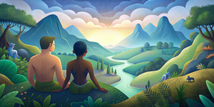 un hombre mestizo desnudo y una mujer mestiza desnuda, sin ropa, sentados juntos, contemplando un valle lleno de plantas, árboles y animales, al lado derecho