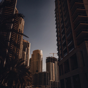 Overlooking the bustling Dubai Marina, towering beige and glass buildings stand majestically. Some structures still under construction. Palm trees点缀其间。在灿烂的蓝天和阳光的照耀下，整个场景显得格外壮观。