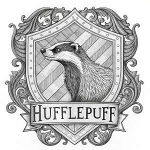 Black and white illustration of Hufflepuff emblem from Harry Potter universe. Highly detailed with ornate patterns and lines inspired by medieval heraldry. Creature with textured, layered appearance. 'Hufflepuff' written below in elegant line-art font.