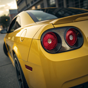 Chevrolet Cobalt 2dr Coupe, highlighted in a vivid yellow hue. Close-up view of its modern LED taillights with a detailed mesh texture.