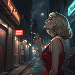 Mia Wallace, character from Pulp Fiction, smoking a cigarette. Dark alleyway at night, neon signs