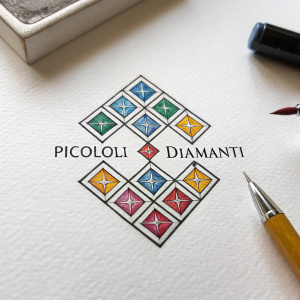 Close-up of Picololi Diamanti logo on white surface. Various colored squares forming an intricate design.
