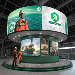 3D rendered design of a massive digital display for Petrobras, the Brazilian energy giant. Circular form, sleek modern look. Dominant green logo, detailed graphics, text, images of offshore drilling, workers in safety gear. Set in futuristic indoor exhibit space.