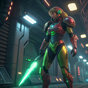 Digital art of Samus Aran, donning advanced armor with Varia Suit features. Dynamic pose, holding a glowing green weapon. Futuristic setting.