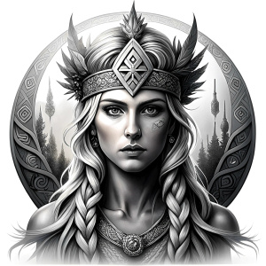 frigg nordic godness - perfect realistic art - high definition - grey and black tattoo design - white background 