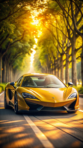 McLaren warna kuning di jalanan pohon spring pada sore hari dengan angle close up zoom in pada belakang mobilnya tambahkan efek sinematik