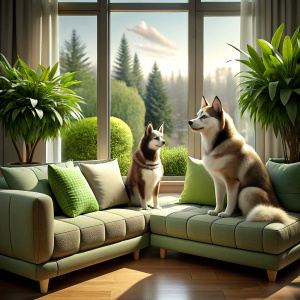 A scottish cat and siberian husky dog ​​are on the sofa of the house, watching the spring view 3d