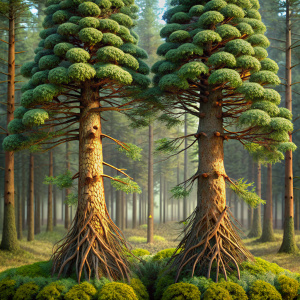 El Bosque como Socio
Los dos árboles de pino, altos y robustos, se alzan como guardianes. Sus ramas se entrelazan en complicidad, como viejos amigos que comparten sus raíces. El bioconstructor los observa, imaginando cómo unir sus fuerzas para dar vida a su visión.