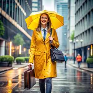 lady going office in rainwear