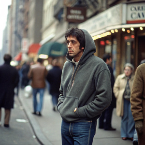 Al Pacino, serious expression, in a crowded street. Dressed in a grey hoodie and jeans.