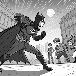 Illustration of Ben 10 characters, darkly clad hero in battle stance, surrounded by stylized allies, dynamic black and white comic strip scene.