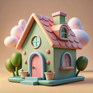 cottagecore illustration, cartoon home, on soft  background