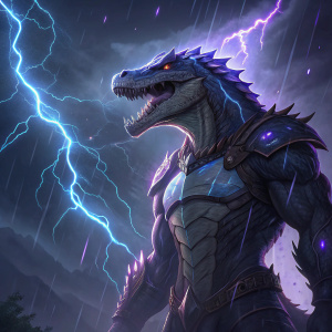 Digital artwork of Renekton from League of Legends. Muscular build, sharp teeth, standing amidst a storm of electric blue and purple sparks.