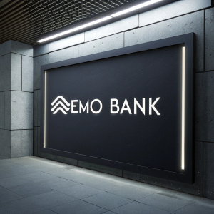 Modern logo for Memo Bank. A sleek design featuring an abstract symbol and text. Clean sans-serif font, stark contrast between light logo elements and dark background, centrally positioned within frame.