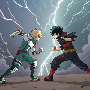 Digital painting, My Hero Academia scene, characters in mid-battle, vivid colors, complex background, dramatic lighting